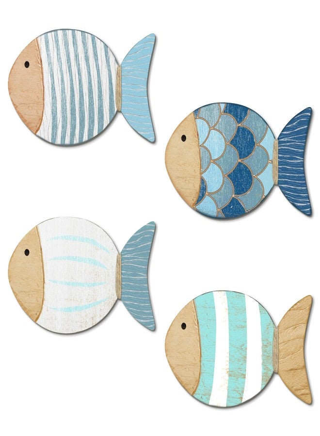 Putuo Decor 4 Pcs Wood Fish Wall Art, Nautical Beach Decor, Wooden Fish Hanging Sculptures, Blue (5.5 In) - Image 1
